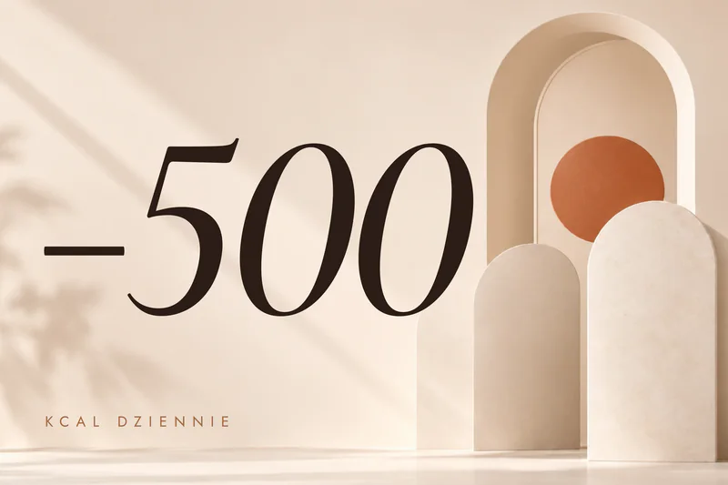 Grafika z napisem minus 500 kcal dziennie na tle jasnych łuków, czyli typowy deficyt kaloryczny